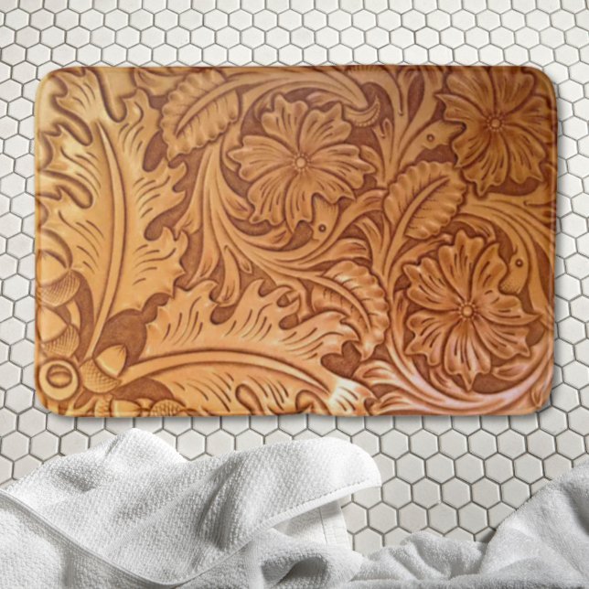 Rustiskt brunt westernt lädertryck i land badrumsmatta (Rustic brown western country leather print bath mat)