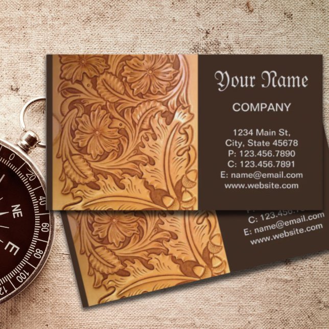 Rustiskt brunt westernt land-verktygsläder visitkort (Rustic brown western country tooled leather business card)