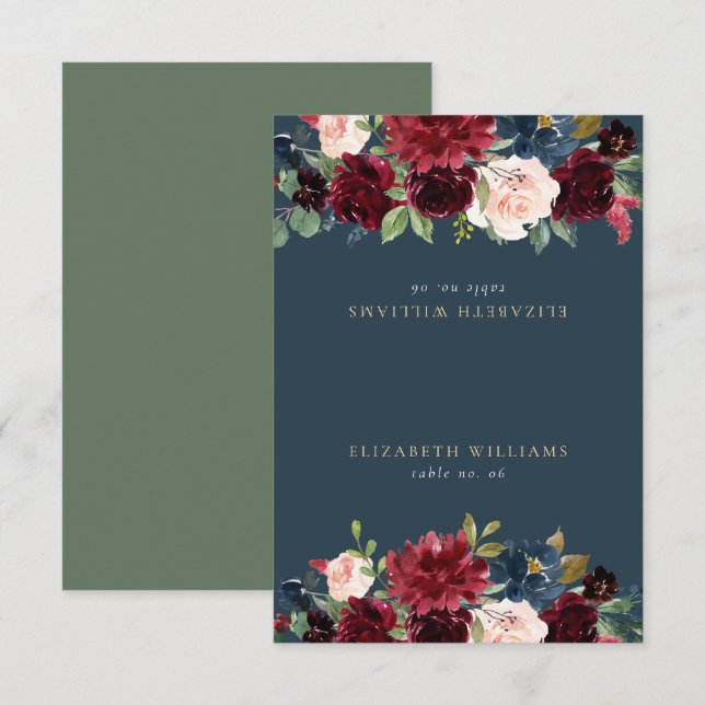 Rustiskt burgundy- och marinblått gästkort Namn Inbjudningar (Fram/baksida)