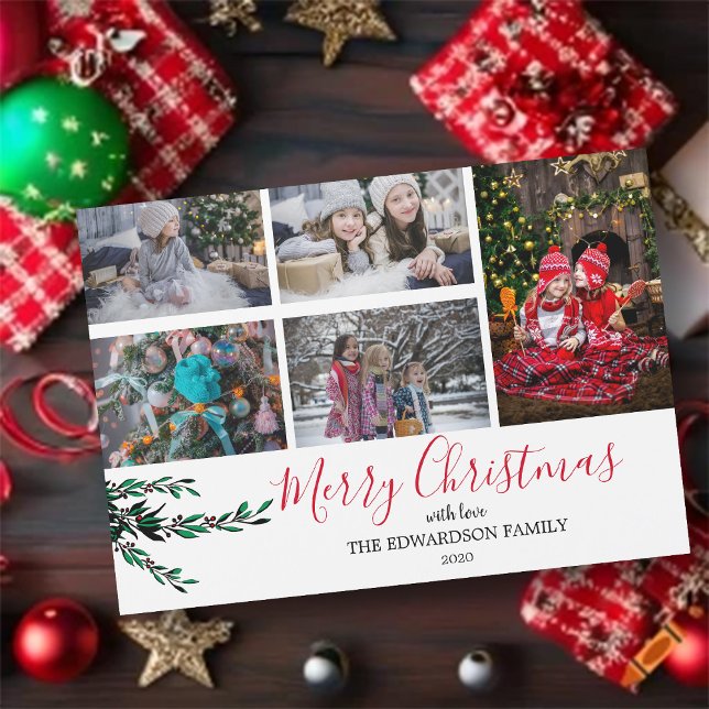 Rustiskt familjereserv Julmagnetkort (Rustic, family photo collage, Merry Christmas, magnetic Christmas card. )
