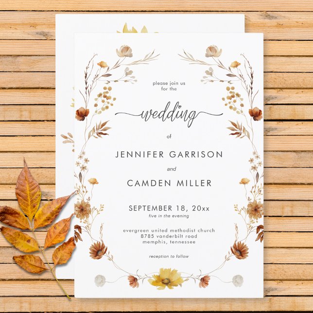 Rustiskt fet Fall Blommigt Utandning Bröllop Inbjudningar (Rustic Delicate Fall Floral Wreath Wedding Invitation)