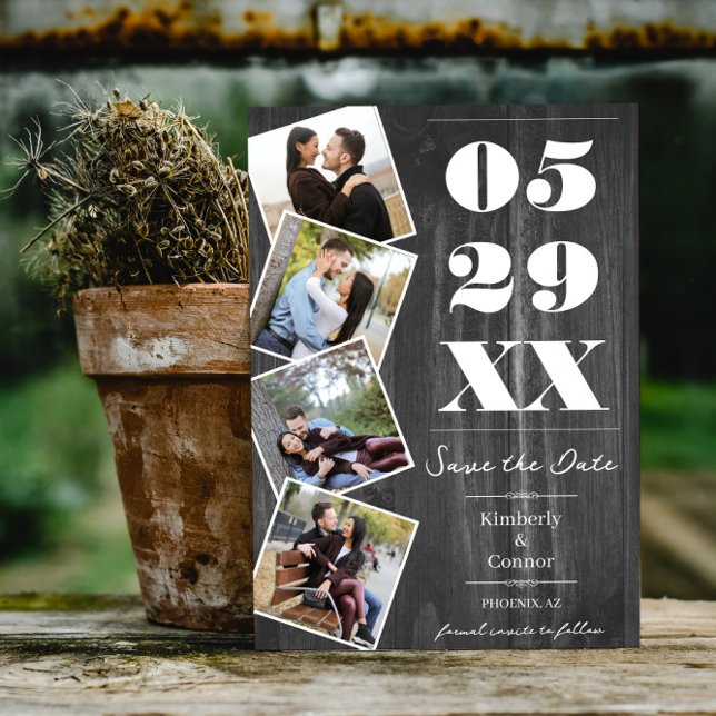 Rustiskt fet fyra foto Spara datum | GRÅTT Spara Datumet (Gray Rustic Bold Four Photo Save the Date)