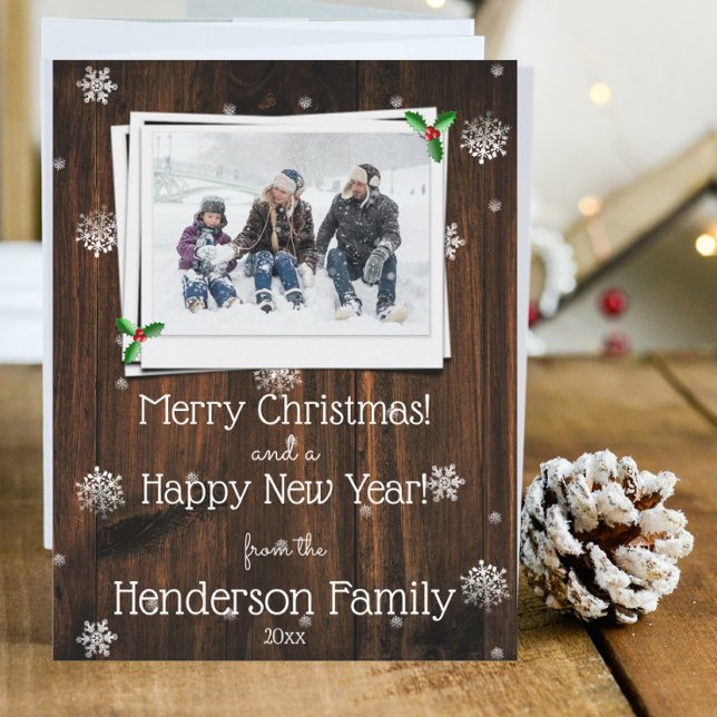 Rustiskt fotopatkort för platta Helgdag av trä Julkort (Rustic Wooden Photo Christmas Card)