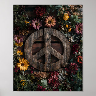 Rustiskt fredstecken av trä med vilda blommor poster