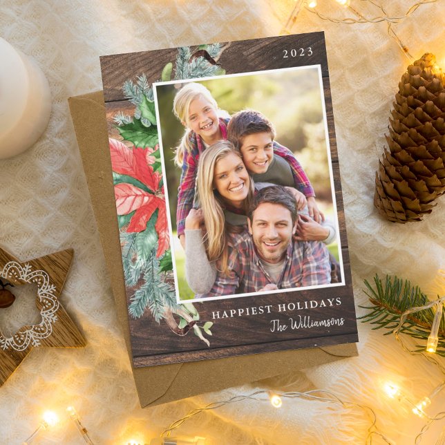 Rustiskt julfotopapport, Helgdag Julkort (Rustic Christmas Foliage Photo Holiday Card)
