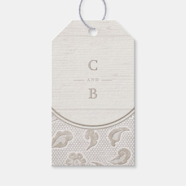 Rustiskt landsbyggsbröllop i vitt snöre monogram presentetikett (Framsidan)