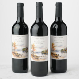 Rustiskt linnetryck med fall sjö Bröllop Vinflaska Etikett