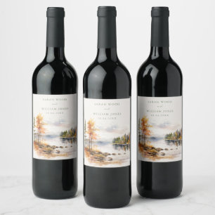 Rustiskt linnetryck med fall sjö Bröllop Vinflaska Etikett