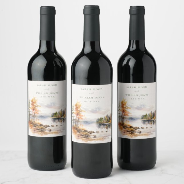 Rustiskt linnetryck med fall sjö Bröllop Vinflaska Etikett (Flaskor)