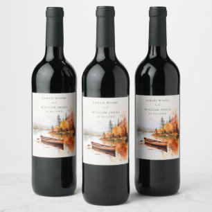 Rustiskt linnetryck med fall sjö Bröllop Vinflaska Etikett