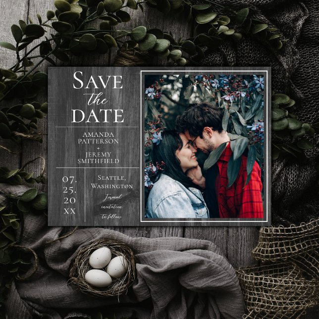 Rustiskt och enkelt foto | Grått Spara datum Datumet (Gray Rustic and Simple Photo Save the Date)