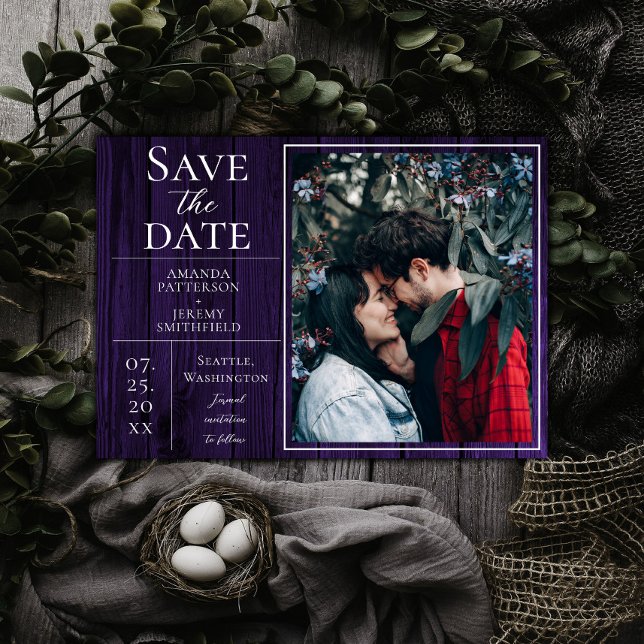 Rustiskt och enkelt foto | Lila Spara datum Datumet (Purple Rustic and Simple Photo Save the Date)