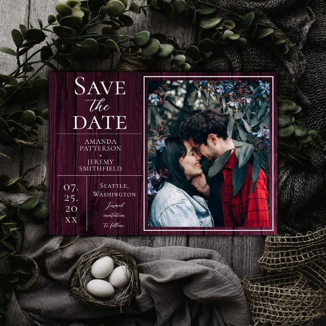Rustiskt och enkelt foto | Magenta Spara datum Datumet (Magenta Rustic and Simple Photo Save the Date)
