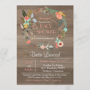 Rustiskt trä, Blommigt, Shabby chic Baby Shower fö Inbjudningar