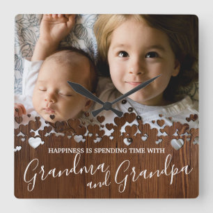 Rustiskt trä Grandma & Grandpa Photo Fyrkantig Klocka