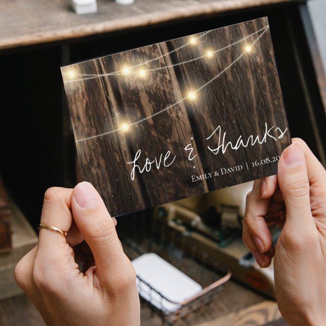 Rustiskt trä med sträng Ljus Bröllop Tack Kort (Rustic Wood With String Lights Wedding Thank You Card)