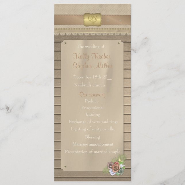 Rustiskt trä och cowboybröllopsprogram bälte program (Framsida)