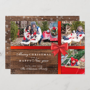 Rustiskt trä och rött band julklapp 3 Foton Inbjudningar