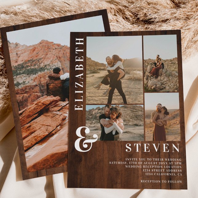 Rustiskt träfet ampersand 5 fotorutnät bröllop inbjudningar (Rustic wood bold ampersand 5 photo grid wedding invitation)