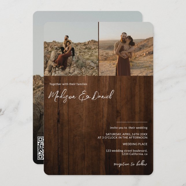 Rustiskt träskript namn 3 foton qr kod bröllop inbjudningar (Fram/baksida)