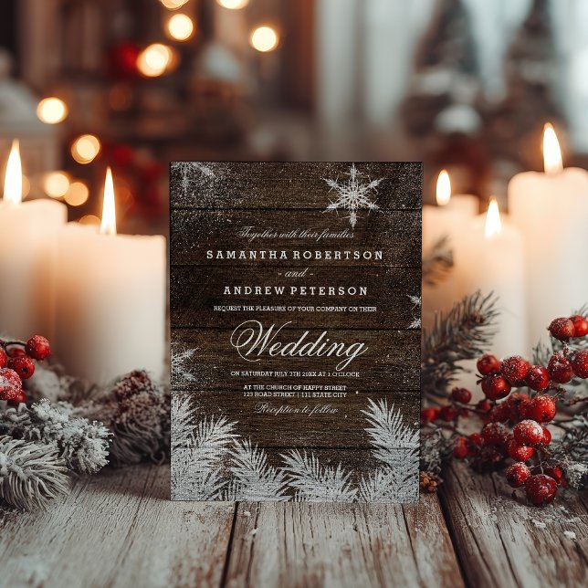 Rustiskt vinterbröllop i gräs inbjudningar (Rustic wood snowflake pine winter wedding invitation)