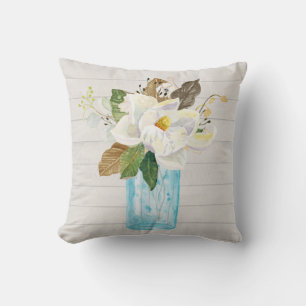 Rustiskt vitt trä Magnolia Blommigt Blå glas Vas Kudde