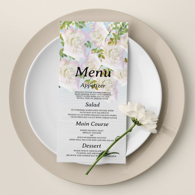 Rustiskt vitt trä rosa mint ro Bröllop Menu Program (Rustic white wood pink mint roses Wedding Menu )
