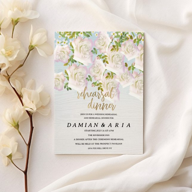 Rustiskt vitt trä rosa mint ro Rehearsal Middag Inbjudningar (Rustic white wood pink mint roses Rehearsal Dinner)