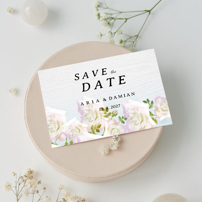 Rustiskt vitt trä rosa mint ro Spara datum Inbjudningar (Rustic white wood pink mint roses Save the Date)