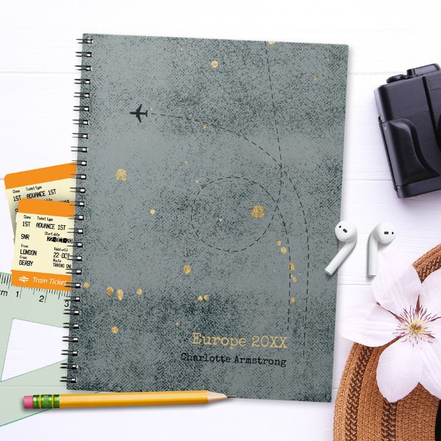 Rustit Airplane Mörk Grått Guld Travel Journal Anteckningsbok (Rustic Airplane Dark Gray Gold Travel Journal ©Susanne Sachers - Sunny Wanderlust 🌞✈️)