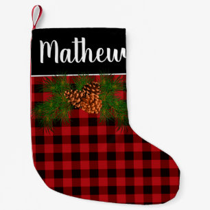 Rustit Red Black buffalo plaid gräs cone-detalj Liten Julstrumpa