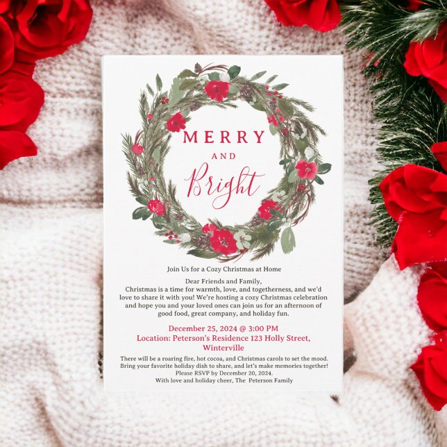 Rustit Red Blommigt Utandning Mysigt julfest Inbjudningar (Rustic Red Floral Wreath Cozy Christmas Gathering Invitation)