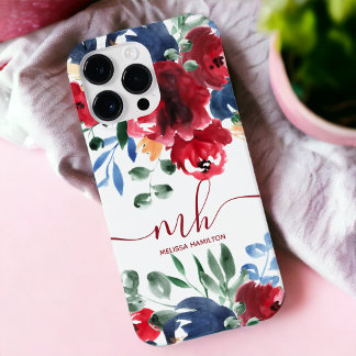 Rustit Red Blue elegant blommigt vattencolor monog