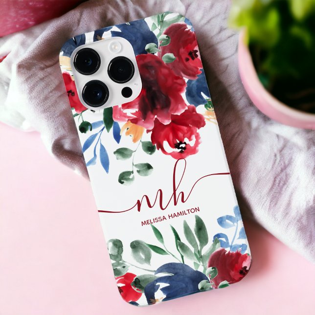 Rustit Red Blue elegant blommigt vattencolor monog (Rustic red blue elegant floral watercolor monogram Case-Mate iPhone case)