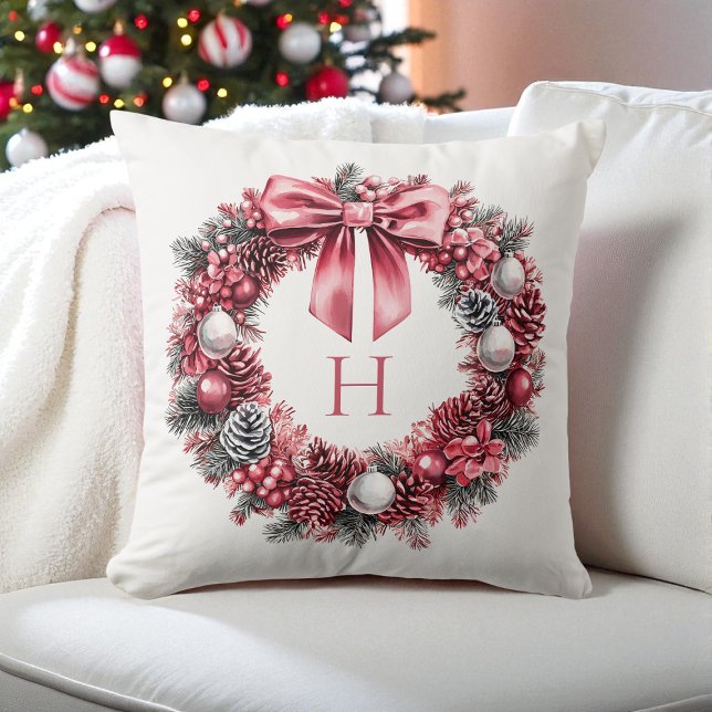 Rustit Red Festive Watercolor Watercolor God-jul Kudde (Rustic Red Festive Watercolor Wreath Christmas Throw Pillow)