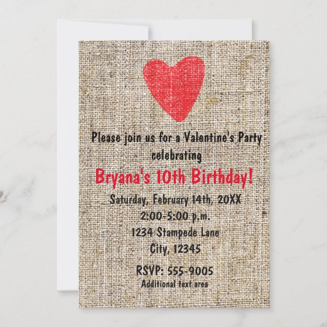 Rustit Red Stamped Heart Burlap Valentine Party Inbjudningar (Framsida)