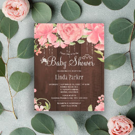 Rustit rosa blommigt wood BUDGET babydusch inbjuda