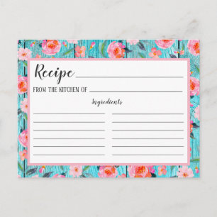 Rustit Rosa Blommönster Aqua Wood Recipe Card Vykort