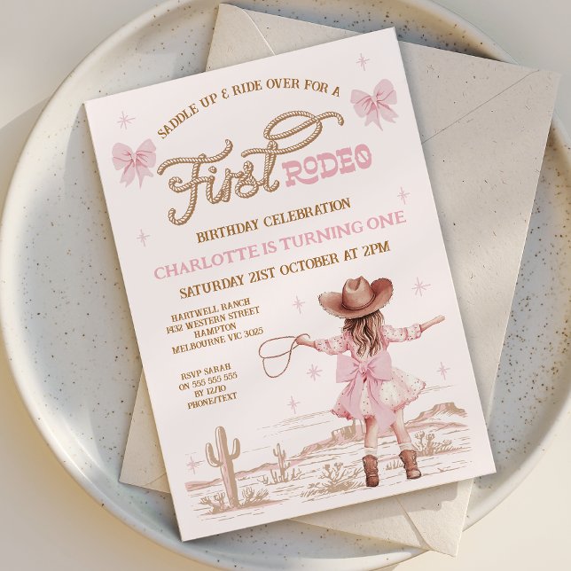 Rustit Rosa Bows Girls First Rodeo 1:a födelsedage Inbjudningar (First Rodeo Invitation, 1st Birthday Invitation Rodeo, My First Rodeo Birthday Invite Template, Pink)