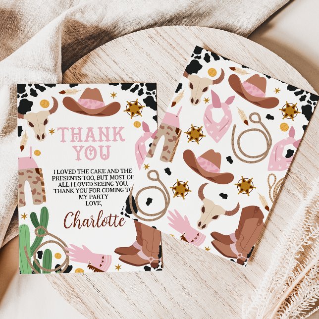 Rustit Rosa Brown Rodeo Birthday - tackkort Inbjudningar (Rustic Rodeo Birthday Thank You Card, Girl Wild West Western Thank You Card, Cowgirl Pink Brown)
