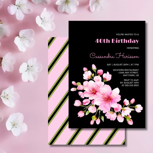 Rustit Rosa Cherry Blommar Sakura Black Birthday Inbjudningar (Skapare uppladdad)