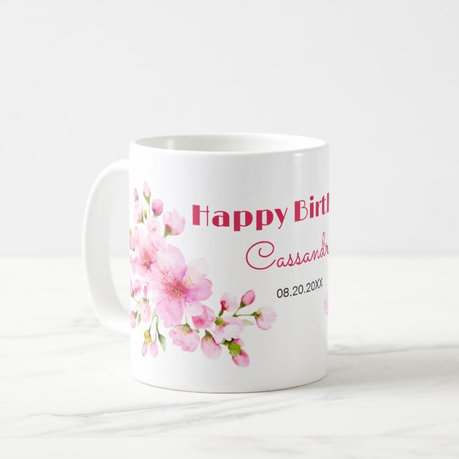 Rustit Rosa Cherry Blommar Sakura Blommigt Birthda Kaffemugg (Framsida vänster)