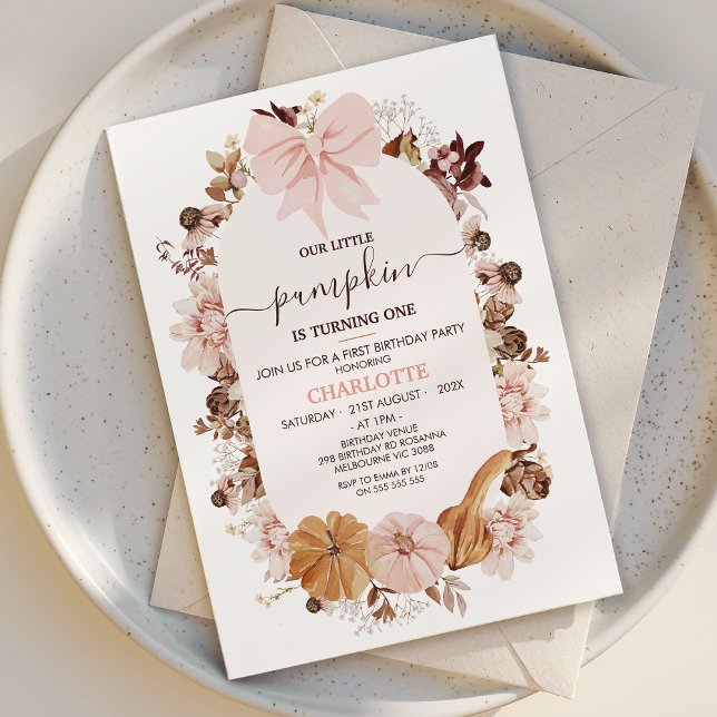 Rustit Rosa Fall Little Pumpkin 1:a födelsedagen Inbjudningar (Pink Bow Pumpkin 1st Birthday Invitation Template, Fall First Birthday Invitation Girl, Autumn )