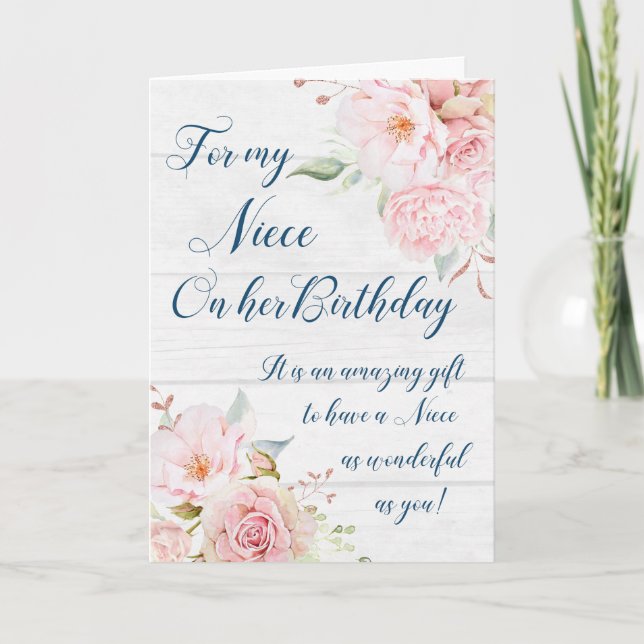 Rustit Rosa Flowers Niece Birthday Card Kort (Framsida)