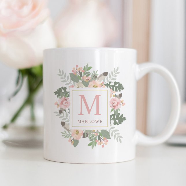 Rustit Rosa Guld Blommigt Boho Anpassningsbar Mono Kaffemugg (Skapare uppladdad)