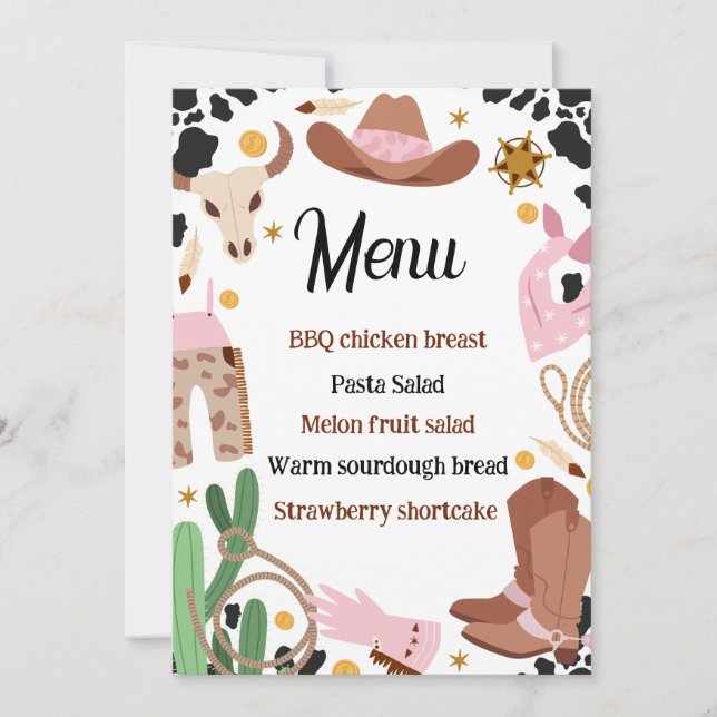 Rustit Rosa Rodeo Birthday Food Menu-kort Inbjudningar (Framsida)
