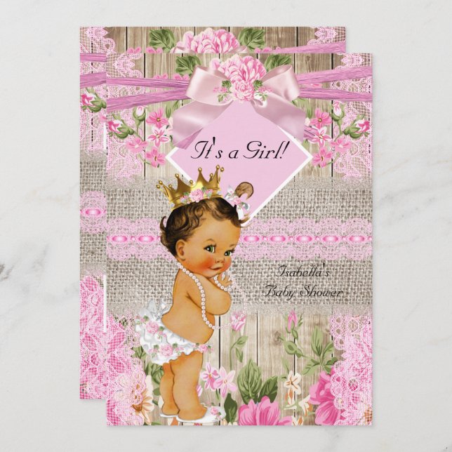 Rustit Rosa Wood Burlap Girl Baby Shower Brunette Inbjudningar (Fram/baksida)
