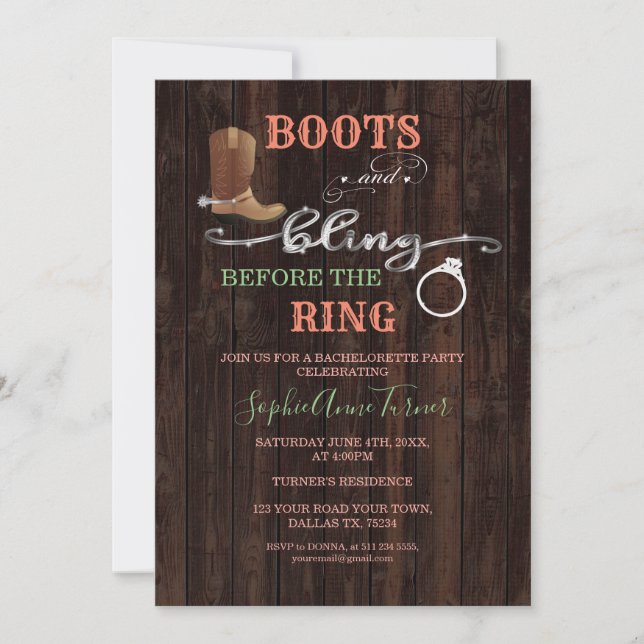 Rustit Western Boots & Bling Bachelorette Party Inbjudningar (Framsida)