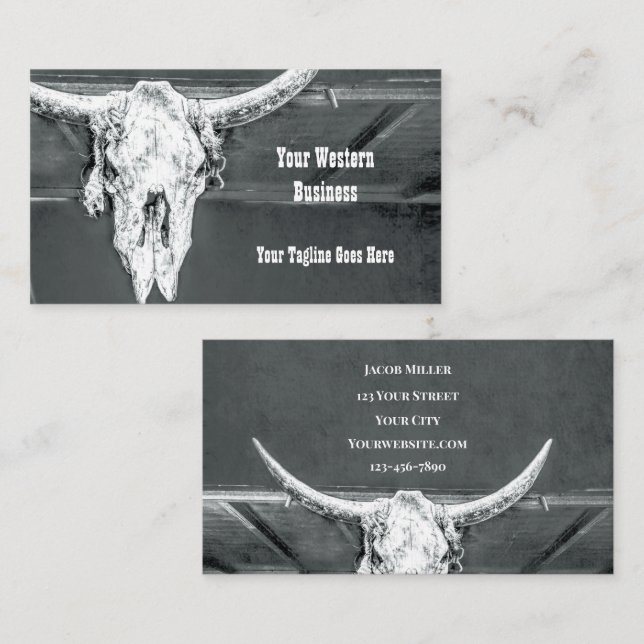 Rustit Western Charcol Grått White Bull Cow Skull Visitkort (Fram/baksida)