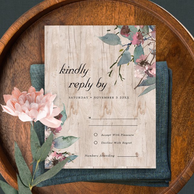 Rustit Wooden Vild Rosa Eucalyptus Blommigt Bröllo OSA Kort (Skapare uppladdad)